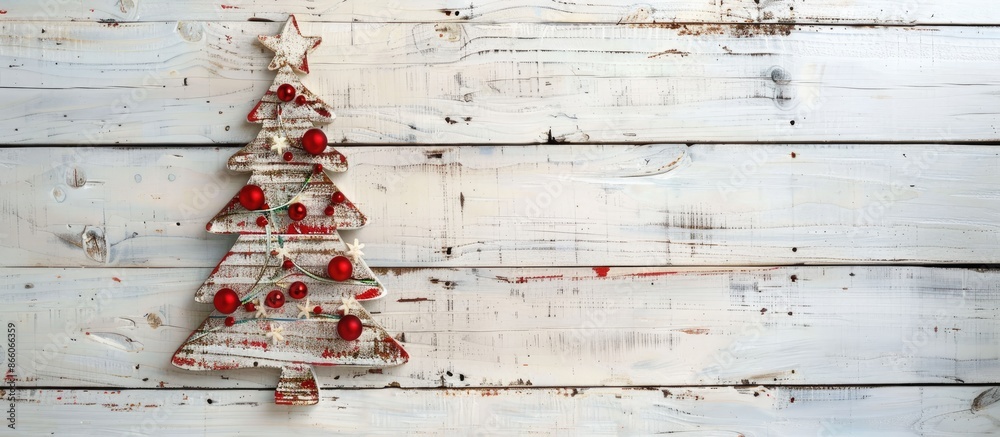 Poster A festive Christmas-themed artwork displayed on a white wooden background adorned with a Christmas tree decoration. Includes ample space for adding your text.