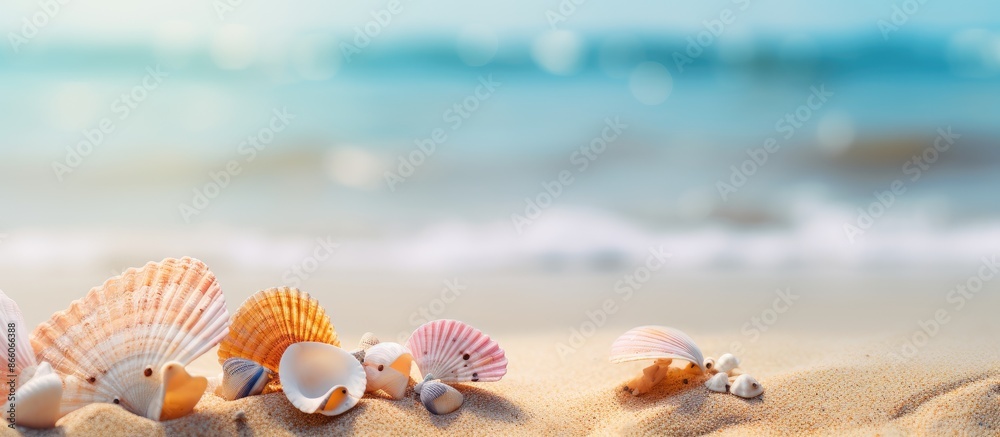 Poster summer beach background with sea shells and butterfly on sand, creating a picturesque scene with cop