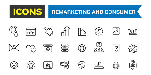 Remarketing and Consumer icons collection. Outline icons pack. Editable vector line icon set and illustration for web and UI application.