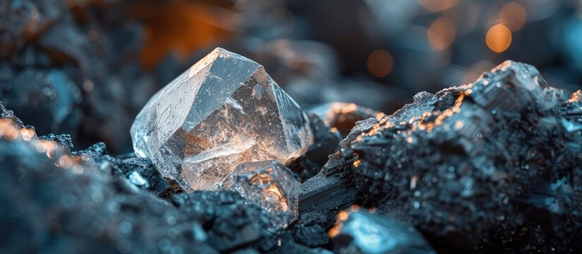 Rough diamond shiny gem mineral stone in mine. Concept of mining and extraction of jewelery. with copy space image. Place for adding text or design