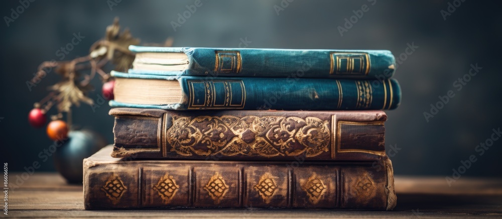 Poster Old books stacked with copy space image, showcasing the concept of reading.