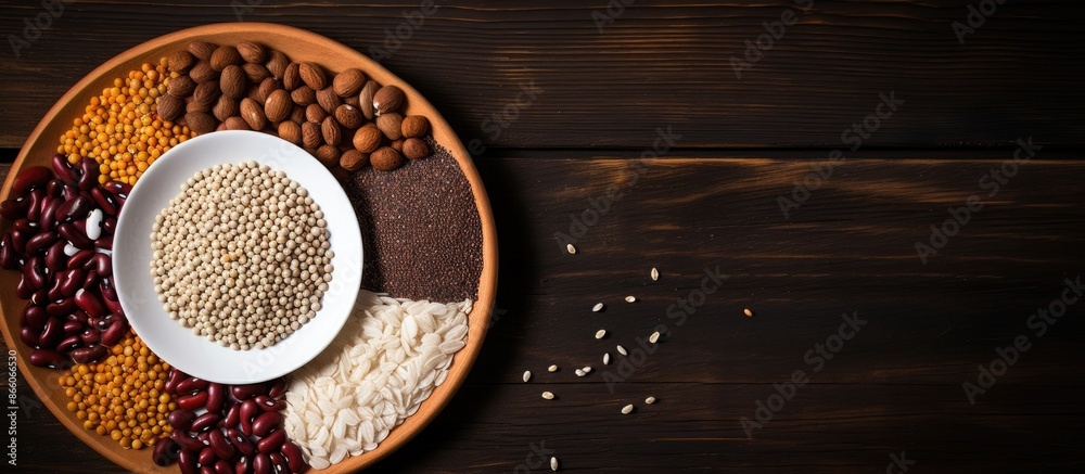 Aufkleber an aerial view of a white ceramic plate filled with various uncooked beans, grains, and seeds on a d