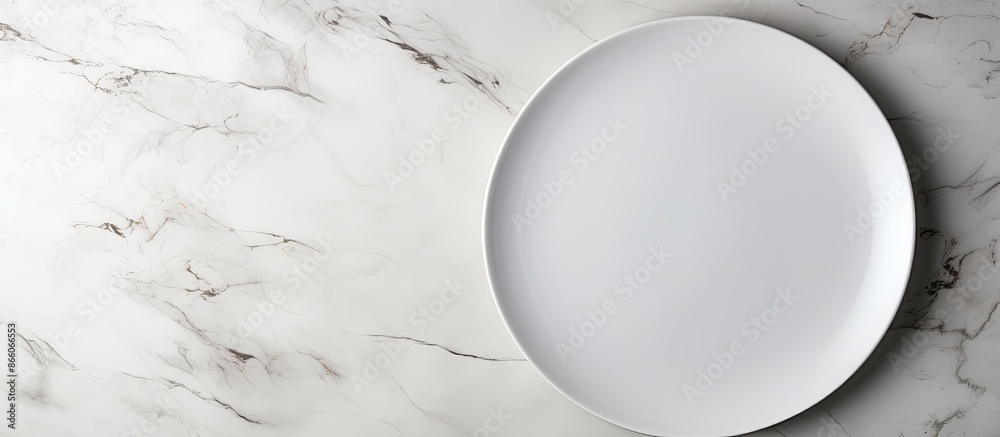 Poster a blank white plate on a white stone tabletop seen from above, with ample space for additional image
