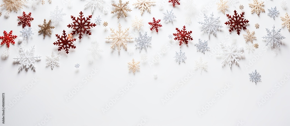 Aufkleber Festive Christmas display with snowflake on a white backdrop. Featuring Xmas, winter, and New Year elements in a flat lay composition with a top view and room for text or images