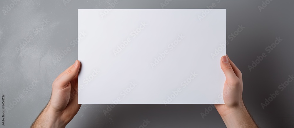Poster Closeup of a man holding a sheet of paper on a light grey background, suitable as a mockup for design with copy space image.