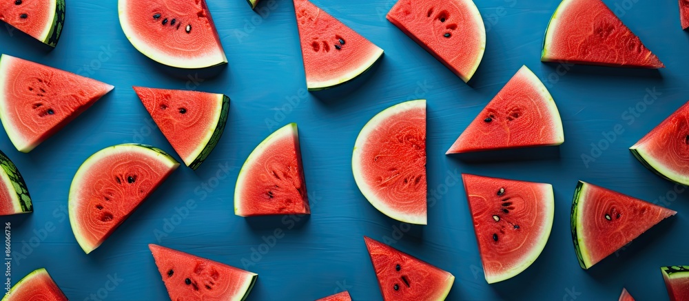 Poster Red watermelon slices on a blue backdrop, embodying a summer theme in a flat lay composition with a top view perspective and room for text or images. with copy space image