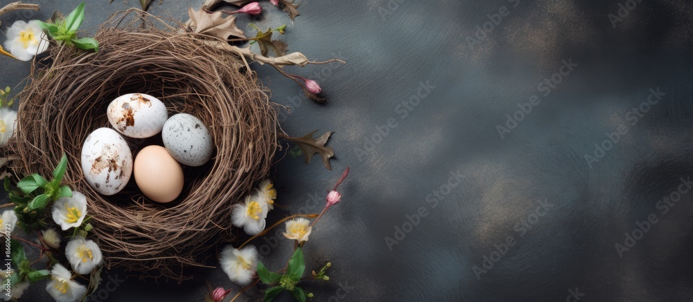 Aufkleber template for easter greeting card or festive invitation with a small handcrafted nest and natural eg