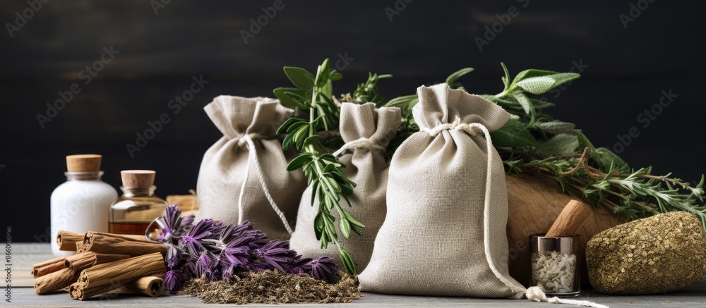 Poster herbal bags and spa items arranged neatly on a grey wooden table with empty space for text beside th