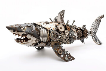 A shark sculpture made from recycled scrap metal head made of gears, iron, metal, nuts, and bolts. Unique, intricate design perfect for art lovers and collectors. Fish. Undersea animals. - Powered by Adobe