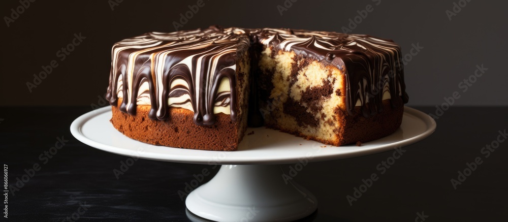 Aufkleber Zebra Pie or Marble cake displayed on a white cake stand with a striking contrast of chocolate and vanilla layers. Ideal for showcasing with ample copy space image.