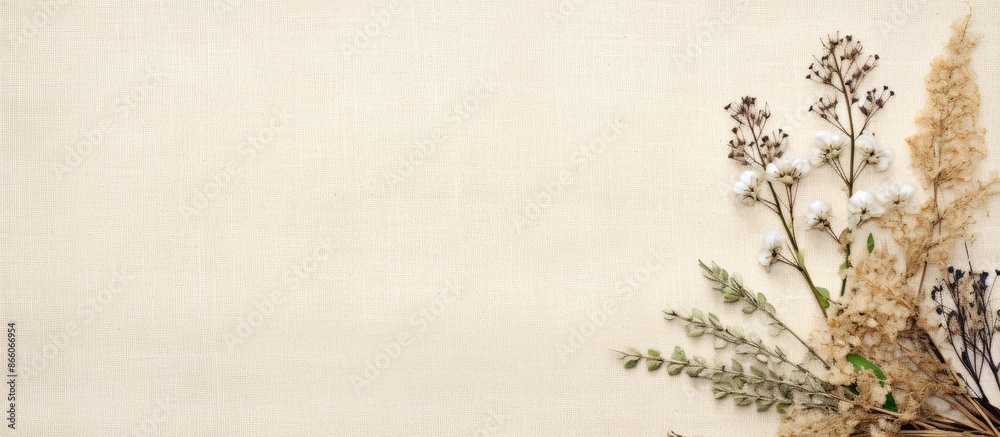 Poster A herbarium of flowers and branches displayed on a light craft background with burlap border, ideal for a copy space image.