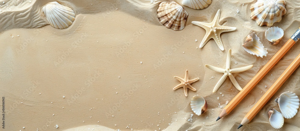 Aufkleber Beach-themed notepad with a pencil, starfish, and shellfish on sandy seashore used as a background for photos with space for text or images. with copy space image. Place for adding text or design