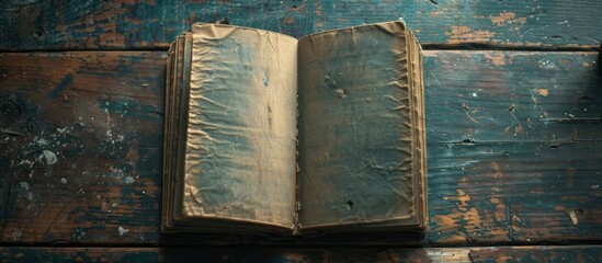 Vintage style book with open pages displayed on a wooden surface, seen from a top-down perspective, providing ample copy space image.