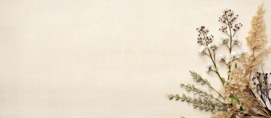 A herbarium of flowers and branches displayed on a light craft background with burlap border, ideal for a copy space image.