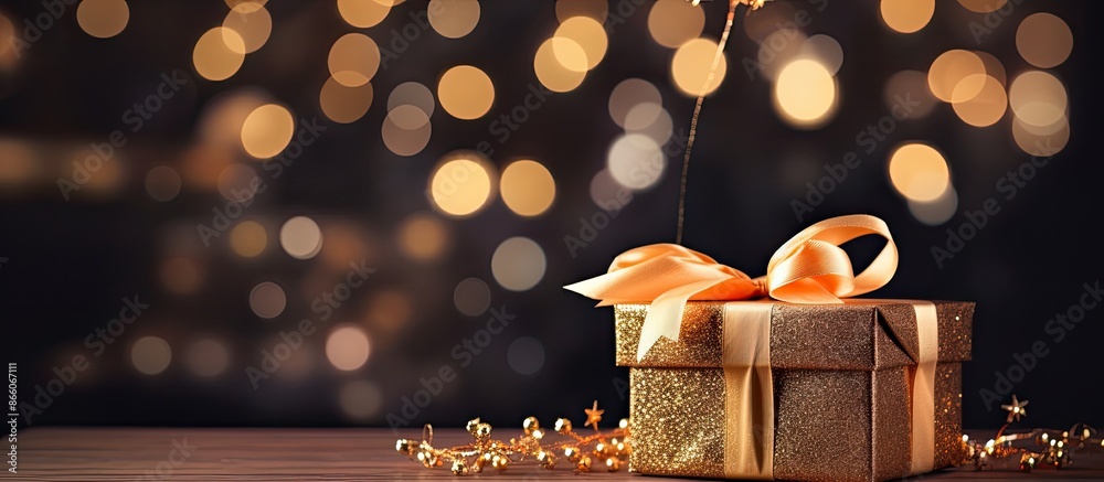 Aufkleber A stunning gift box and fir tree branches on a black table with blurred festive lights, creating a festive copy space image.