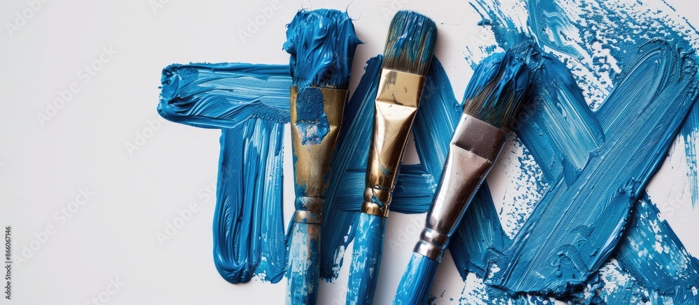 Poster dirty blue paint brush and alphabet tax isolated on white background. with copy space image. place f