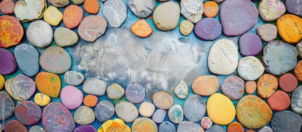 Poster Colorful floor and wall with circle shape stones. with copy space image. Place for adding text or design