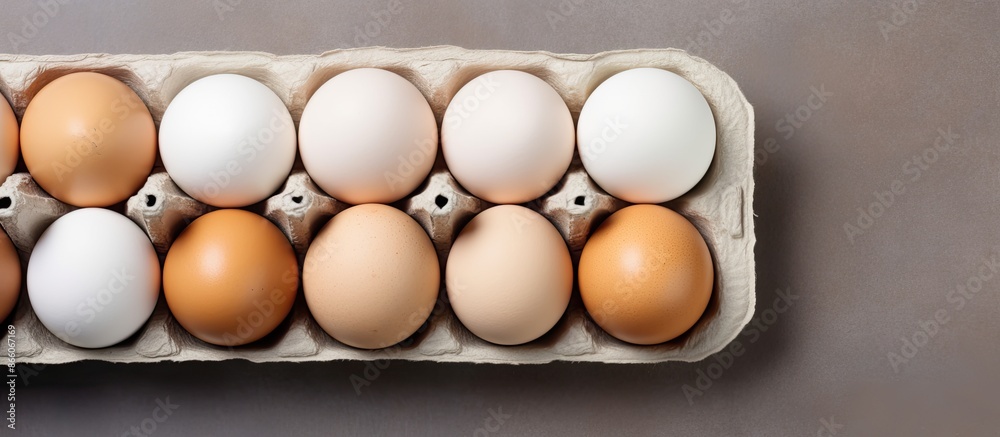 Fototapete top view of white chicken eggs in a carton box on a grey textured background with copy space image.