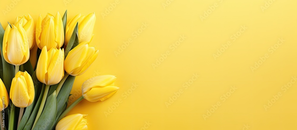 Poster a spring bouquet of yellow tulips set against a yellow backdrop, providing ample copy space image.