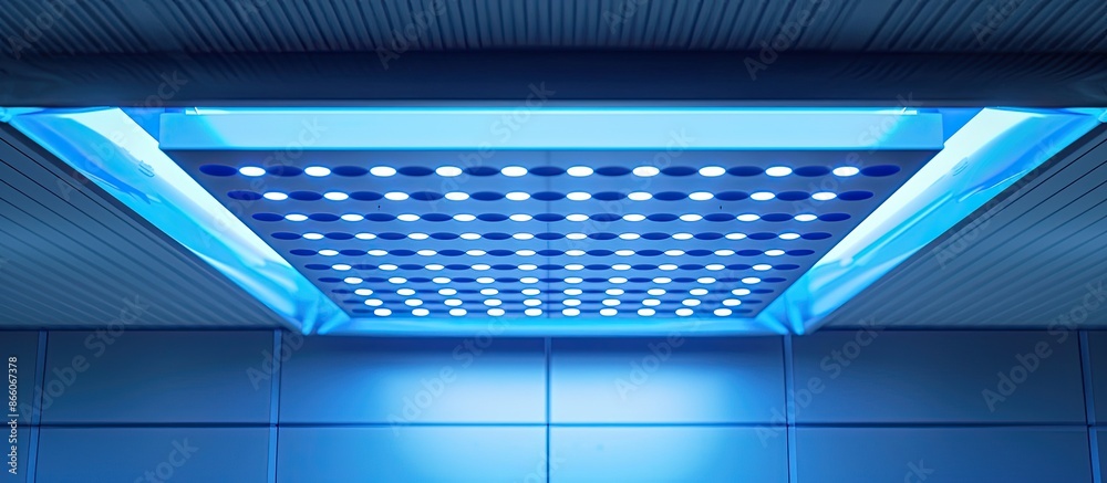 Aufkleber suspended ceiling of square porous plates and built-in LED lamp. with copy space image. Place for adding text or design