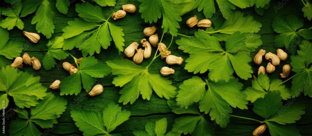 Aufkleber Maple seeds and cork from trees in a park create a lush, green background with a soft texture for a copy space image.