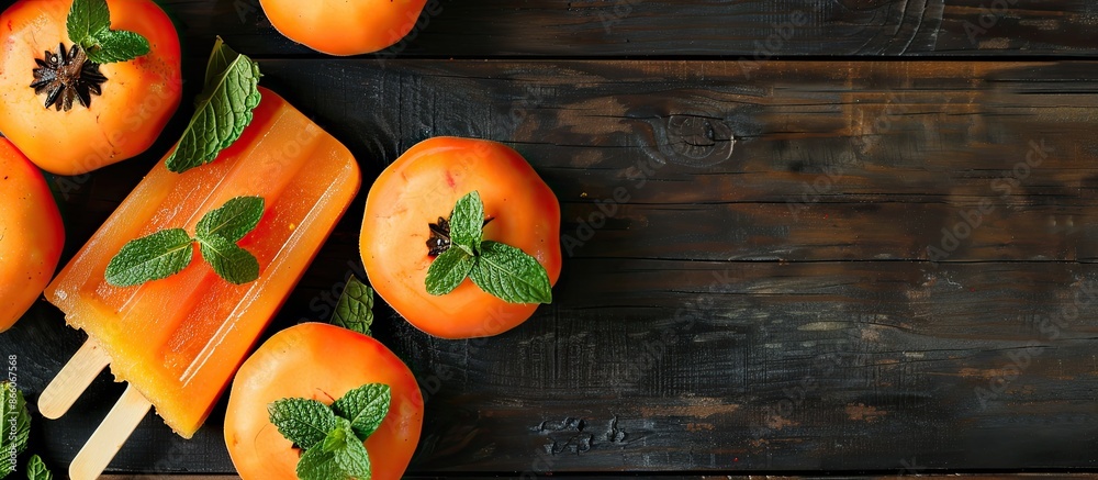 Poster selective focus on homemade fruit popsicle featuring persimmon and mint in a copy space image.