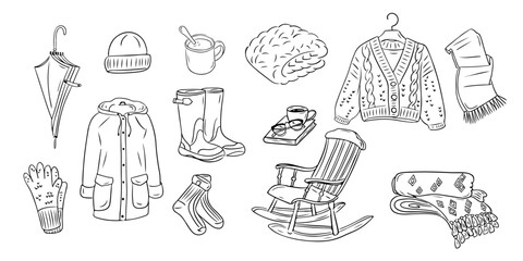 WebCollection of cozy autumn items in outline doodle style. Monochrome hygge contour stickers . Vector clipart of sketchy drawings isolated on white background. Could be used for coloring pages