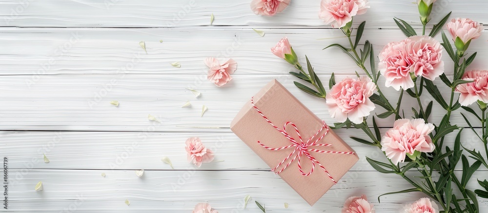 Poster top view image of carnations and a gift box on a white wooden background with a copy space for mothe
