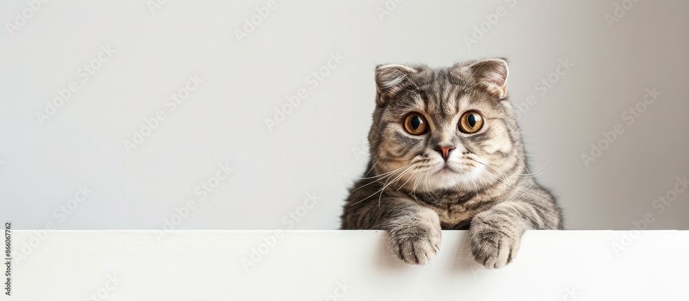 Poster 11-month-old scottish fold cat posing against white backdrop with copy space image.