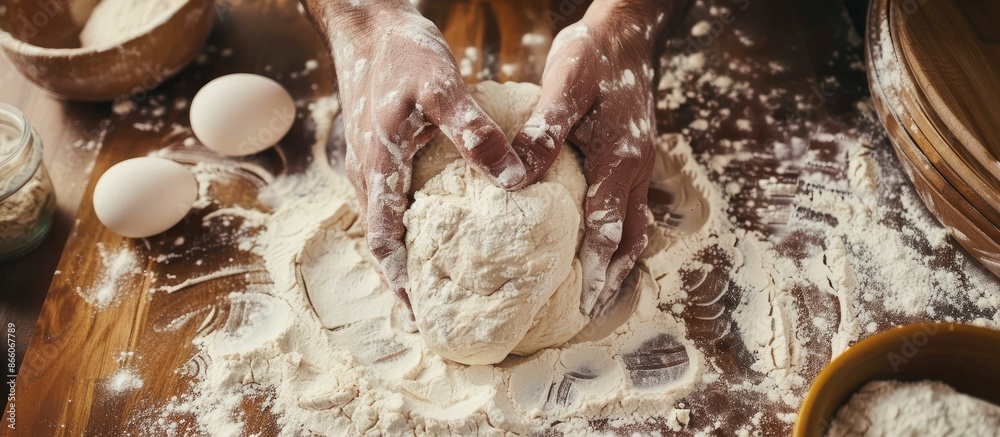 Poster Mix the ingredients together by kneading the dough creating a cohesive mixture. Copy space image. Place for adding text and design