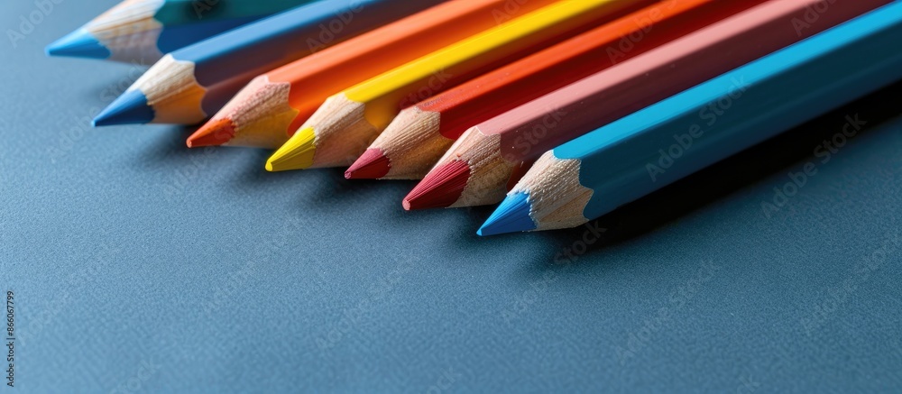 Poster educational concept with colorful textbooks, pencils on gray-blue backdrop, showcasing a workspace w