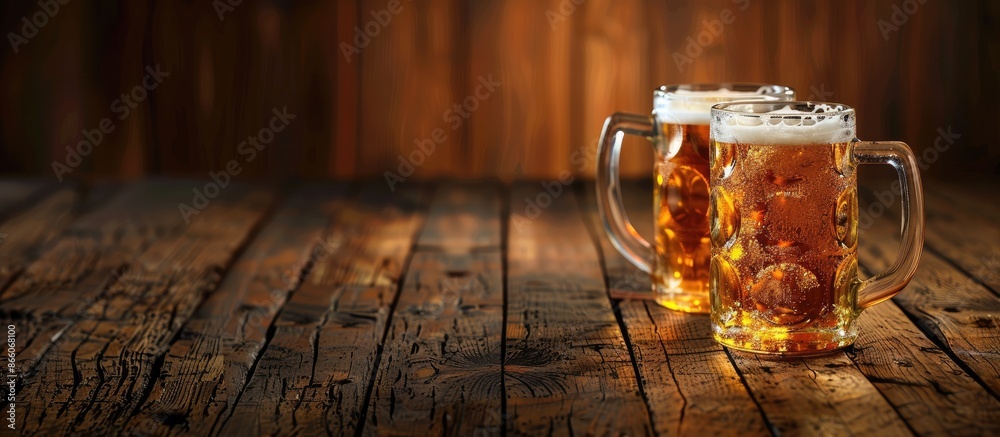 Aufkleber close-up view of beer mugs on wood table with copy space image.