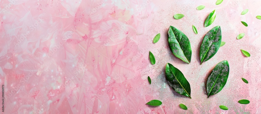 Poster easter concept with bunny ears made of green leaves on a glittery pink and white background in a fla