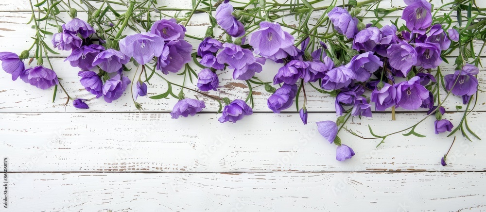 Aufkleber eustoma violet flowers displayed on a white wooden surface with available copy space image.