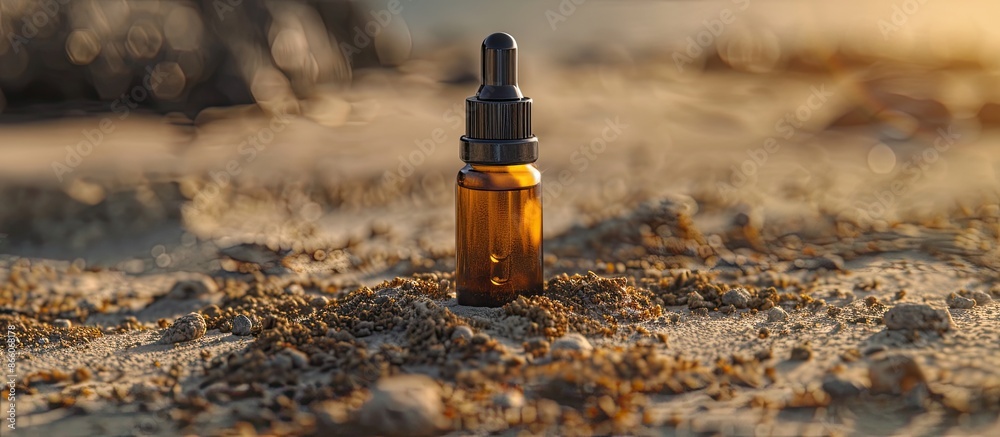Aufkleber Displaying a dropper bottle on sandy ground with copy space image for text. Suitable for alternative medicine presentations as a mock-up.
