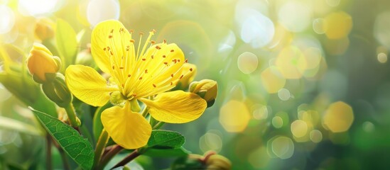 Obraz premium Yellow flower blossom of Cochlospermum regium in a copy space image.