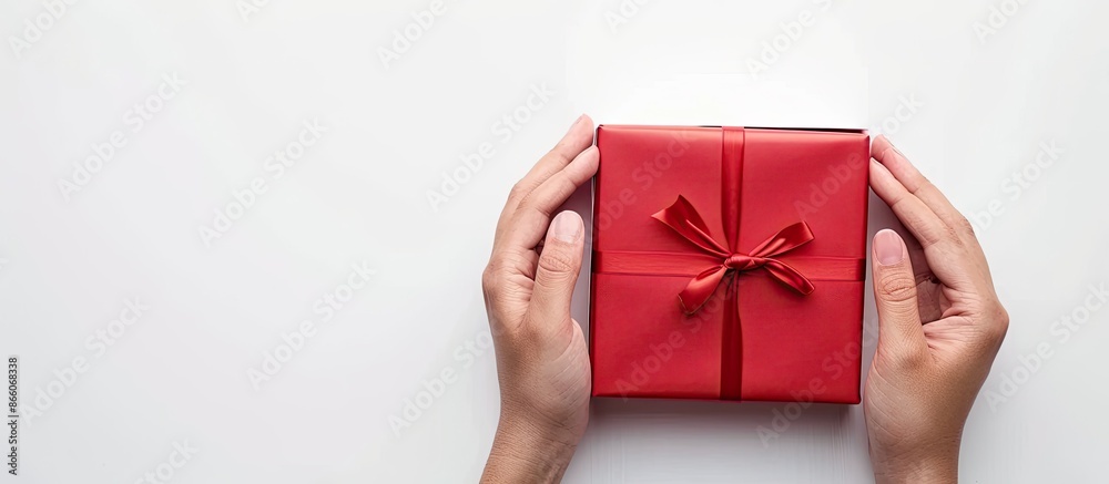 Poster Hands hold and open an empty gift box from a top-view perspective on a white background with copy space image.