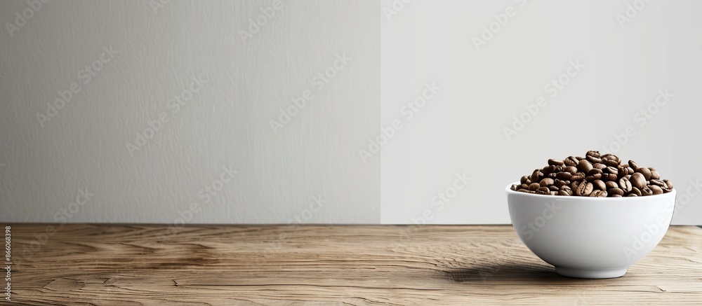 Aufkleber coffee beans in bowl with coffee maker on a wooden surface, set against a white paper background in 