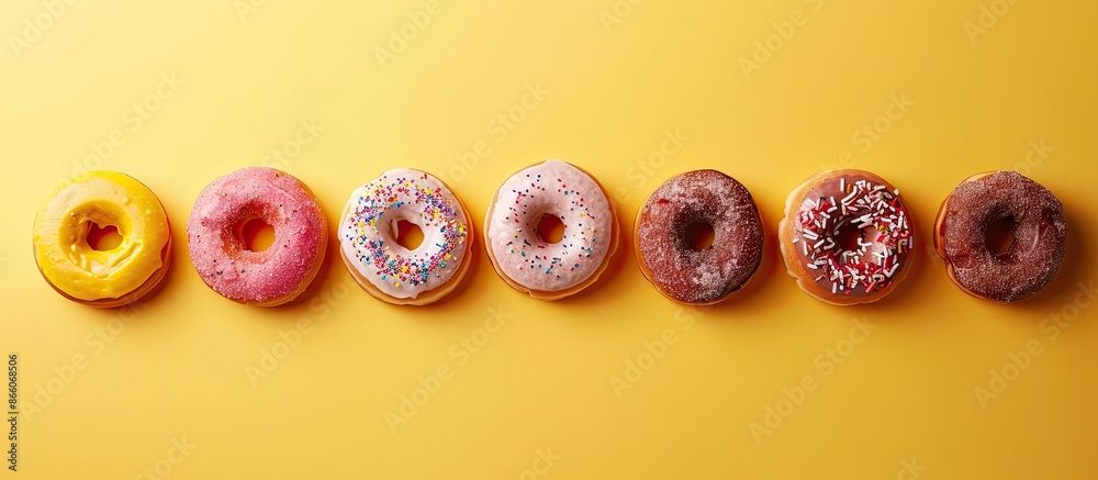 Poster Donuts arranged in a row on a yellow backdrop with copy space image.