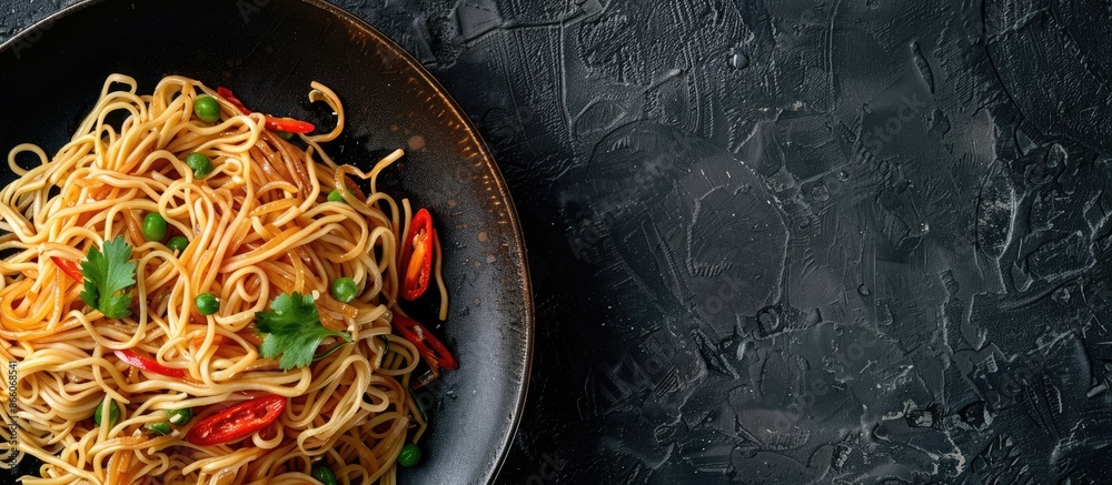 Poster Top view of a plate of noodles with copy space image.