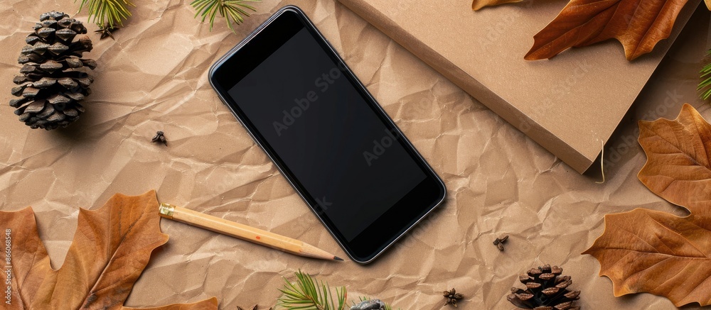 Leinwandbilder Top view of a smartphone, pencil, and dry pine cones on a brown paper surface with room for text or images. Copy space image. Place for adding text and design