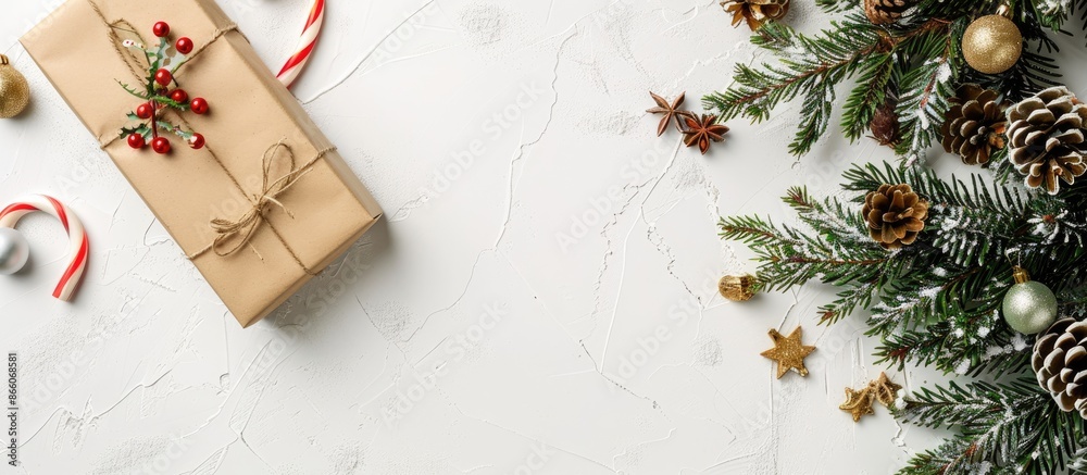 Poster Top view of a Christmas-themed setup with a fir tree, gift box, and decorations on a white background, ideal for adding text or other elements - a perfect copy space image.