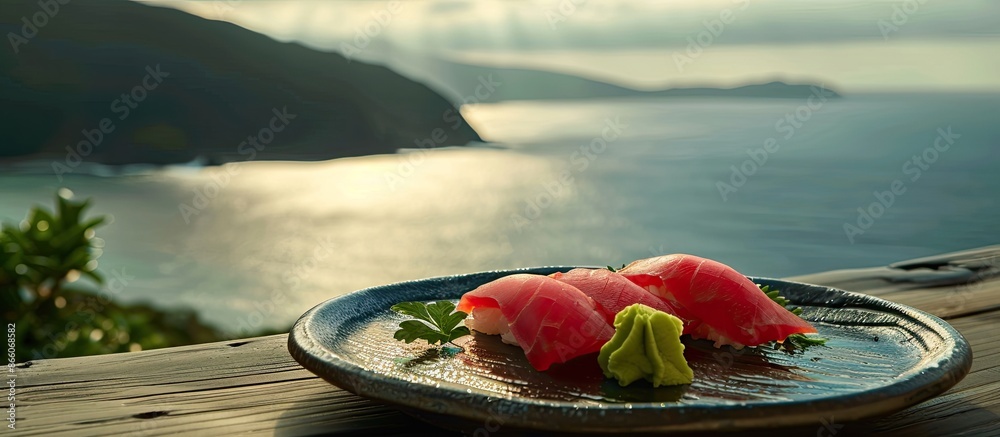 Poster chilled raw dorada sushi with a scenic ocean backdrop for copy space image.