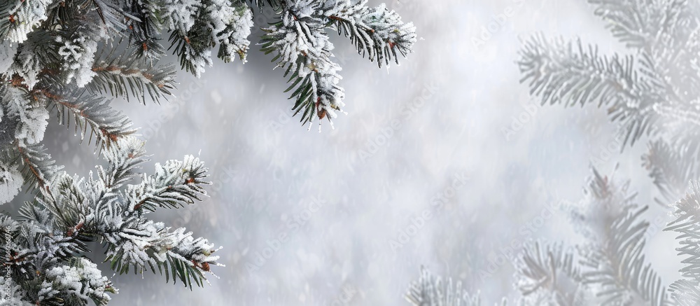 Aufkleber Snow covers pine branches creating a wintry, festive copy space image.