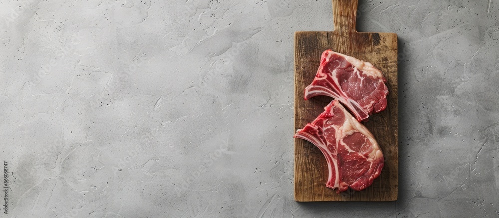 Poster Top view of a butchered lamb chop steak on a cutting board against a gray background with an area for text or image insertion. Copy space image. Place for adding text and design