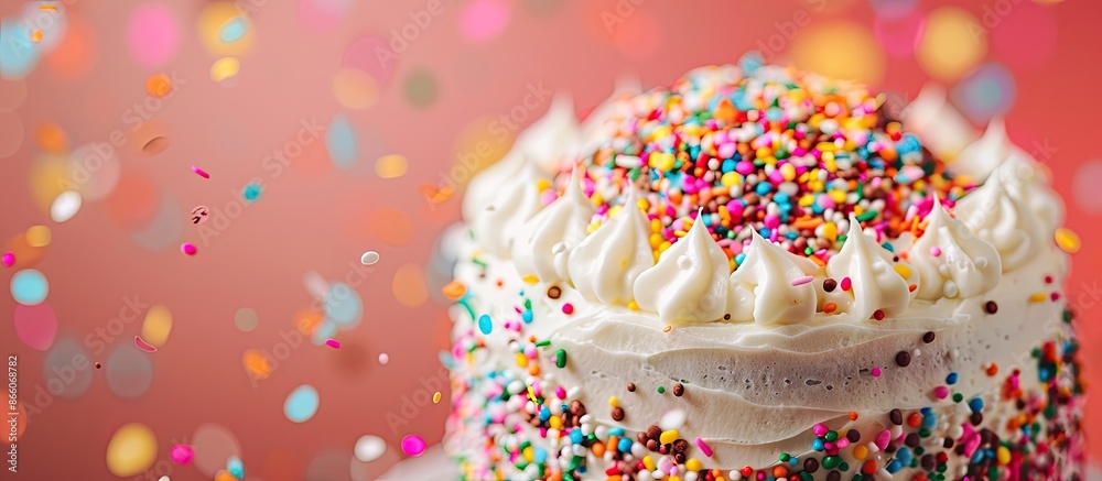 Poster white birthday cake with vibrant sprinkles on a backdrop with copy space image.
