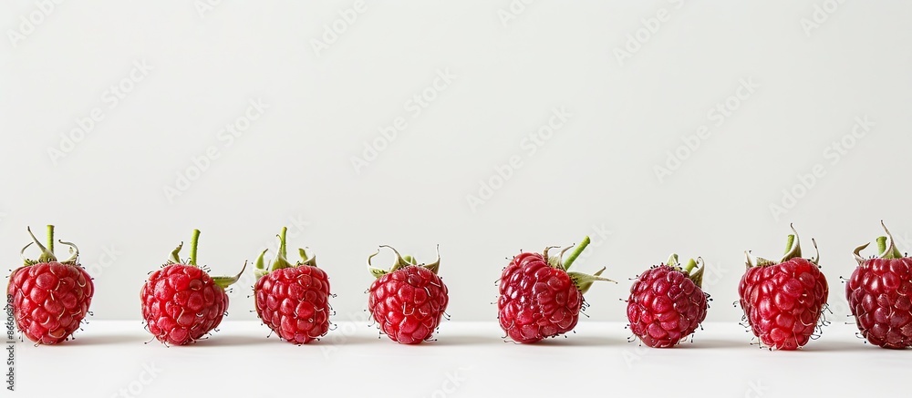 Poster a row of raspberries showcased on a white backdrop with copy space image.