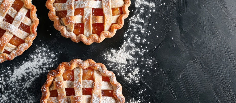 Poster close-up of homemade pies with flour, providing copy space for use as a background image.