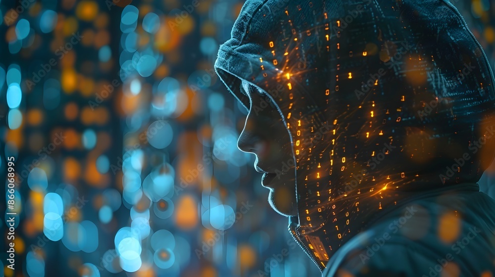 Poster hacker decoding intercepted message with layers of encryption and hidden data revealed