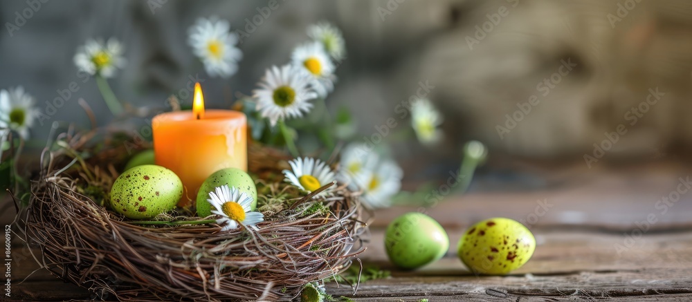 Poster easter themed festive setup with a candle, colorful eggs, daisy, green eggs in a nest on wooden tabl